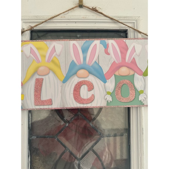 Welcome Easter Bunny Rabbit Gnome Sign Wall Front Door Hanger Home Decor - Picture 3 of 6